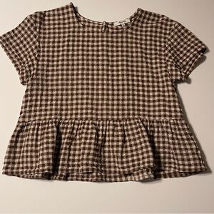 Madewell Brown & Cream Gingham Short Sleeve Peplum Tee